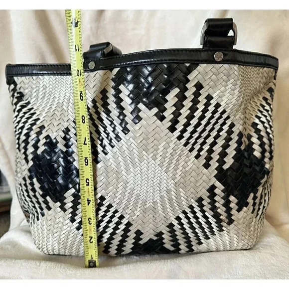 COLE HAAN Genevieve Woven Weave Black & White Tote Shoulder Bag Braided Handles - Picture 8 of 13